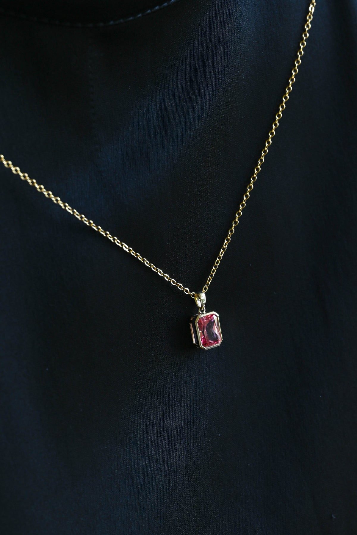 CausYou pendant Solid Gold Bezel Pink Radiant Cut Lab Pink Sapphire Pendant Necklace