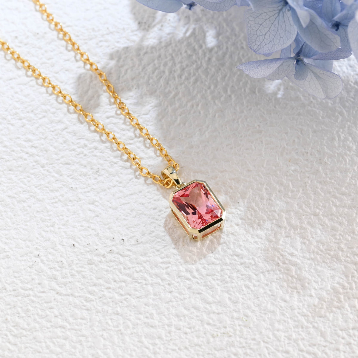 CausYou pendant Solid Gold Bezel Pink Radiant Cut Lab Pink Sapphire Pendant Necklace