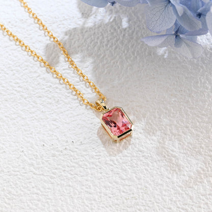 CausYou pendant Solid Gold Bezel Pink Radiant Cut Lab Pink Sapphire Pendant Necklace