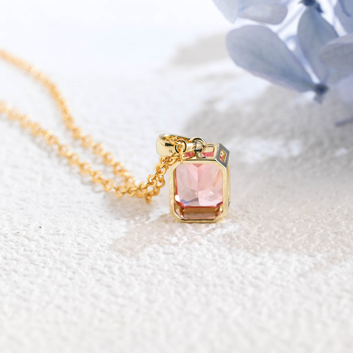 CausYou pendant Solid Gold Bezel Pink Radiant Cut Lab Pink Sapphire Pendant Necklace