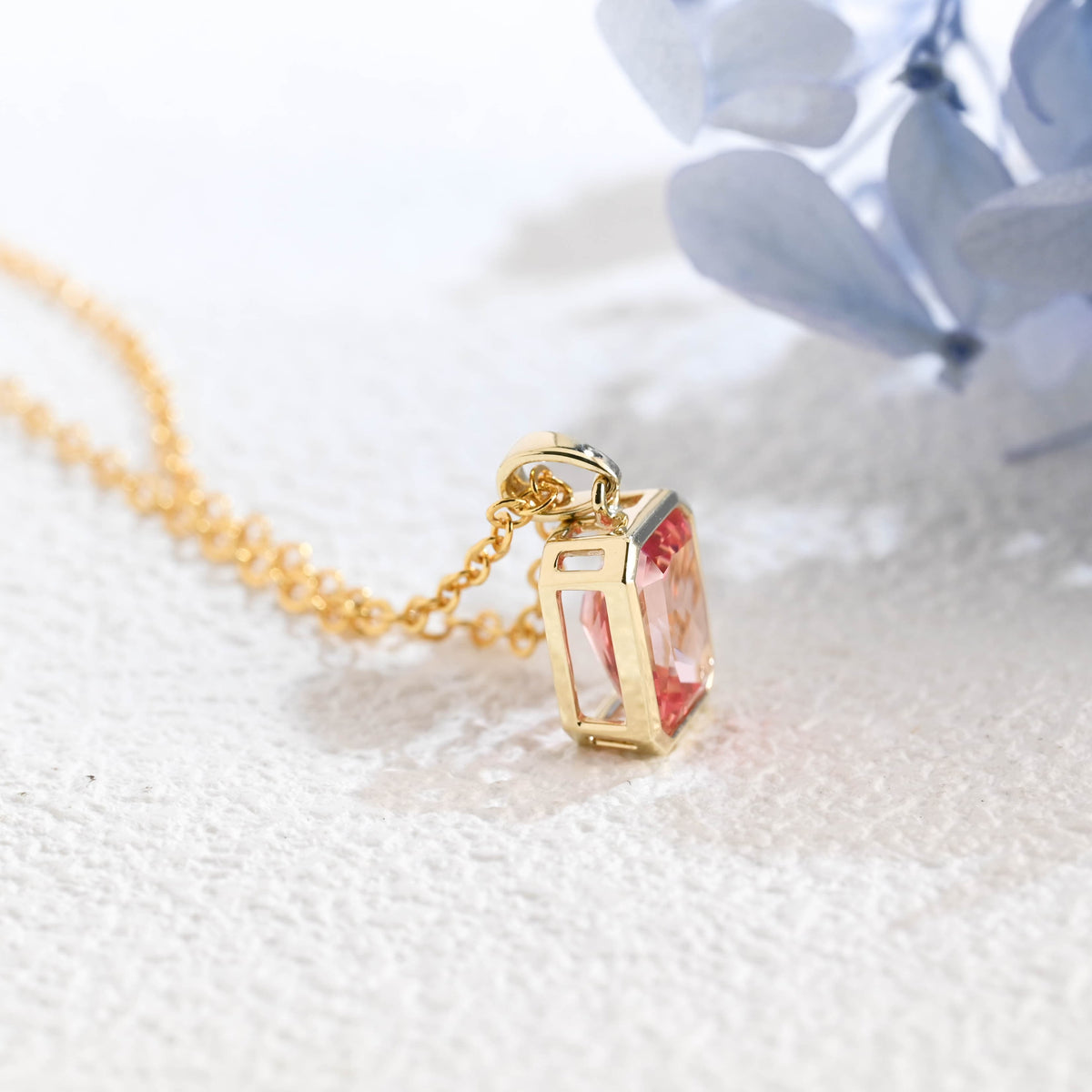 CausYou pendant Solid Gold Bezel Pink Radiant Cut Lab Pink Sapphire Pendant Necklace