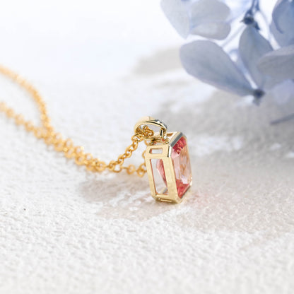 CausYou pendant Solid Gold Bezel Pink Radiant Cut Lab Pink Sapphire Pendant Necklace