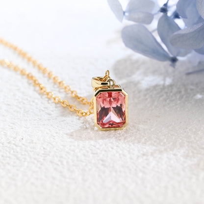 CausYou pendant Solid Gold Bezel Pink Radiant Cut Lab Pink Sapphire Pendant Necklace