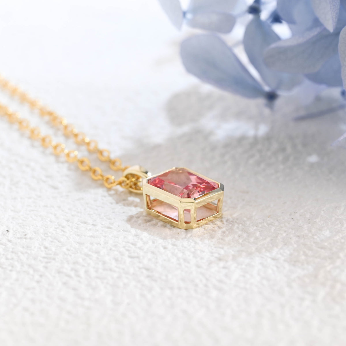 CausYou pendant Solid Gold Bezel Pink Radiant Cut Lab Pink Sapphire Pendant Necklace