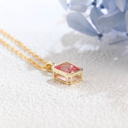 CausYou pendant Solid Gold Bezel Pink Radiant Cut Lab Pink Sapphire Pendant Necklace