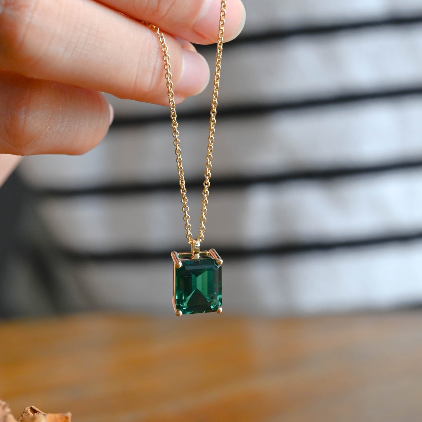 CausYou pendant Solid Gold Emerald Cut Lab Grown Emerald Pendant Necklace