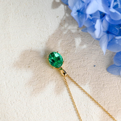 CausYou pendant Solid Gold Green Oval Cut Lab Emerald Pendant Necklace