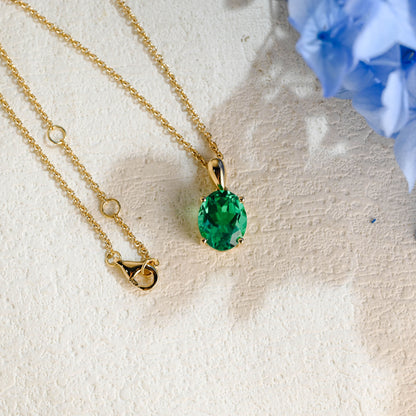 CausYou pendant Solid Gold Green Oval Cut Lab Emerald Pendant Necklace