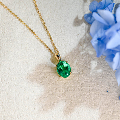 CausYou pendant Solid Gold Green Oval Cut Lab Emerald Pendant Necklace
