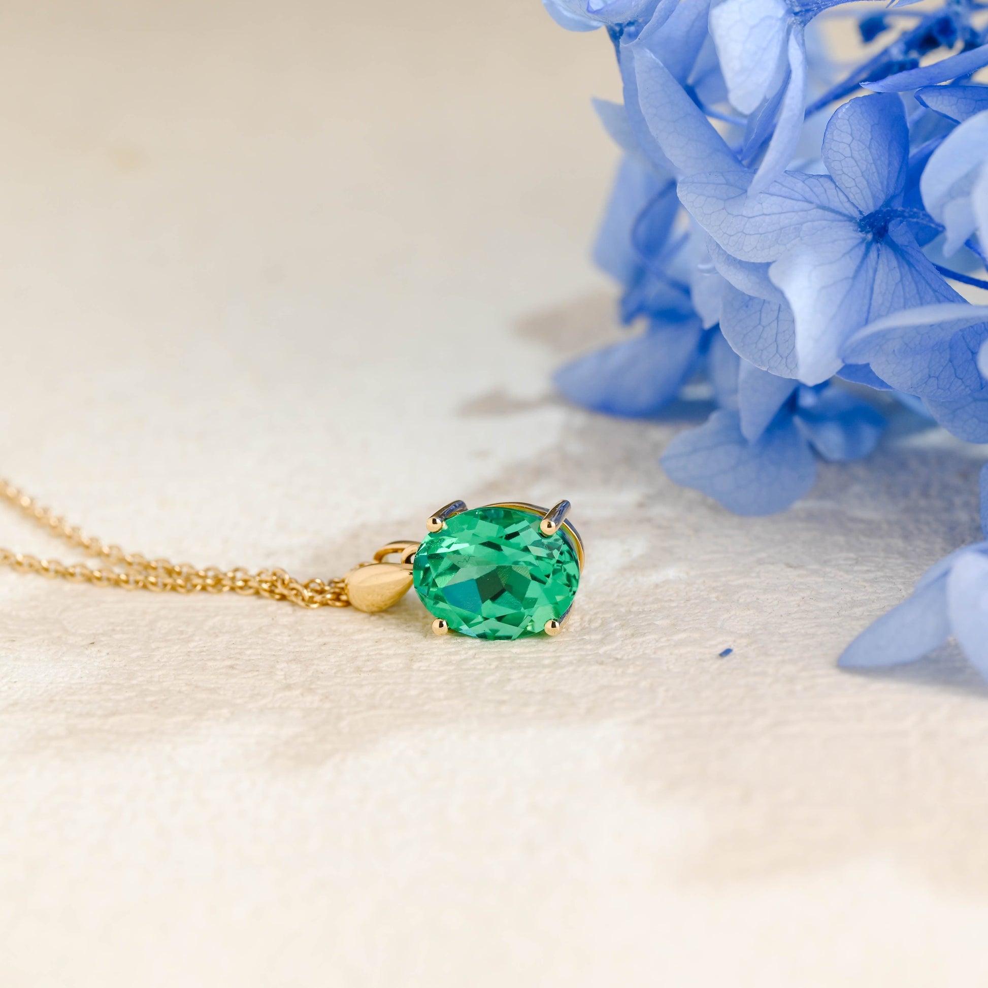 CausYou pendant Solid Gold Green Oval Cut Lab Emerald Pendant Necklace