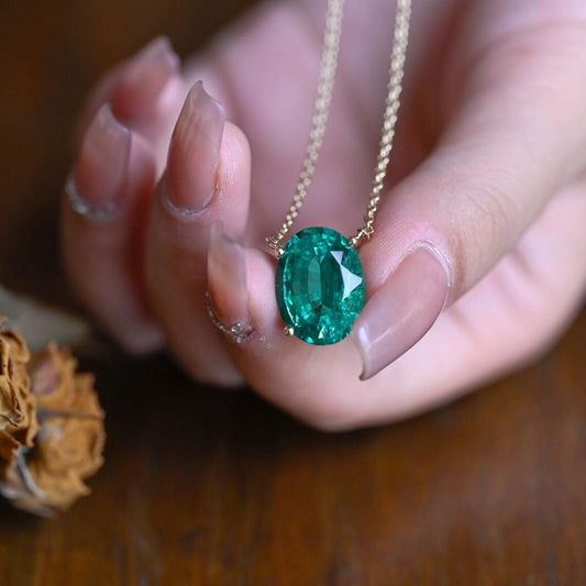 CausYou pendant Solid Gold Green Oval Cut Lab Emerald Pendant Necklace