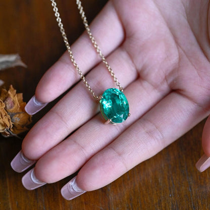 CausYou pendant Solid Gold Green Oval Cut Lab Emerald Pendant Necklace