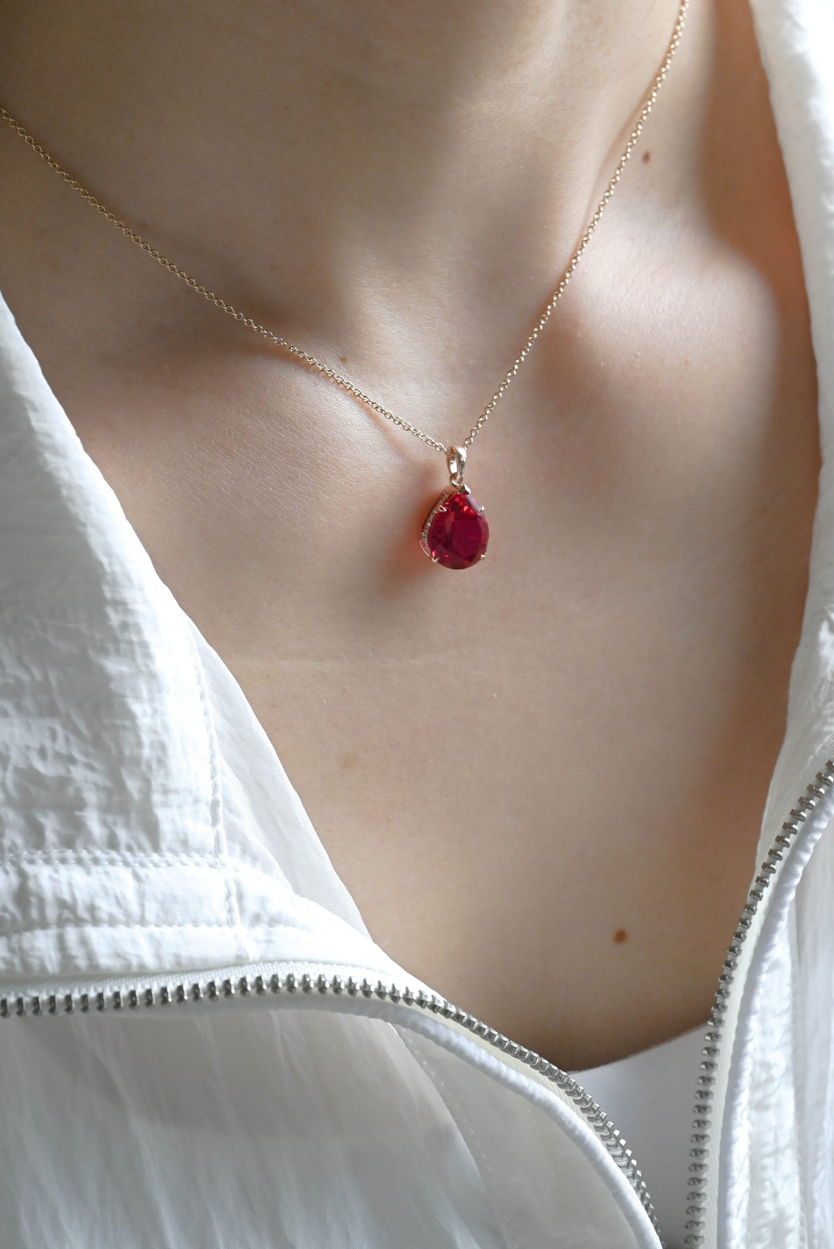 CausYou pendant Solid Gold Hidden Halo Pear Red Lab Ruby Pendant, Birthstone Personalized Gift