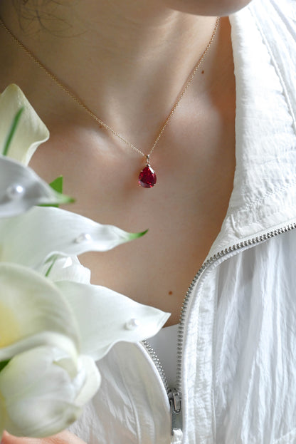 CausYou pendant Solid Gold Hidden Halo Pear Red Lab Ruby Pendant, Birthstone Personalized Gift