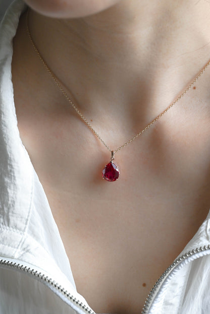 CausYou pendant Solid Gold Hidden Halo Pear Red Lab Ruby Pendant, Birthstone Personalized Gift