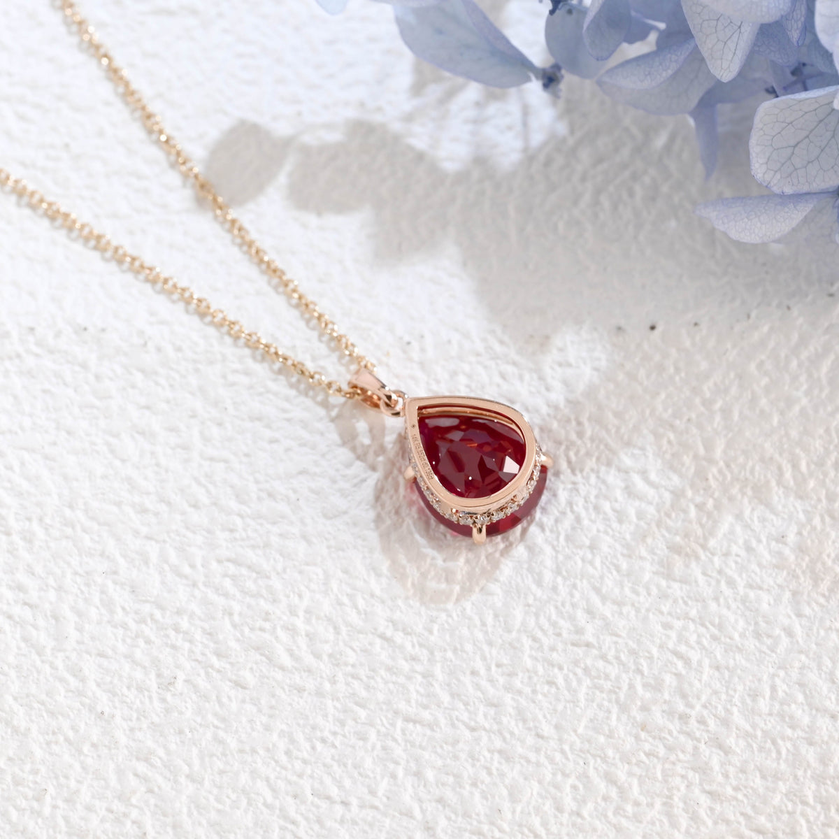 CausYou pendant Solid Gold Hidden Halo Pear Red Lab Ruby Pendant, Birthstone Personalized Gift