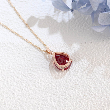 CausYou pendant Solid Gold Hidden Halo Pear Red Lab Ruby Pendant, Birthstone Personalized Gift