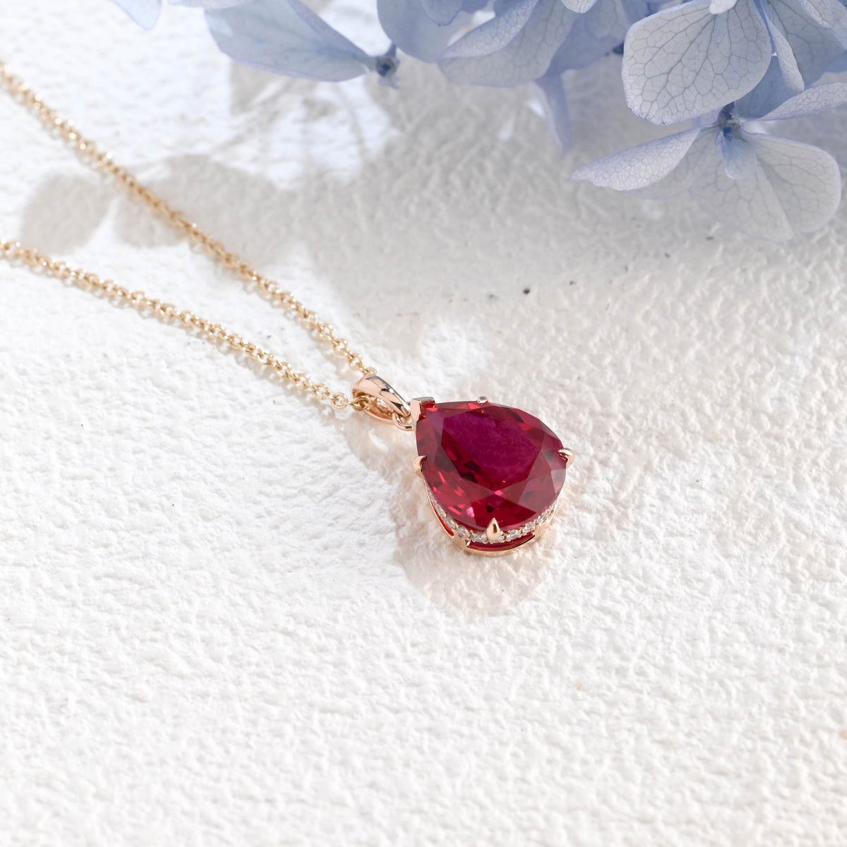 CausYou pendant Solid Gold Hidden Halo Pear Red Lab Ruby Pendant, Birthstone Personalized Gift