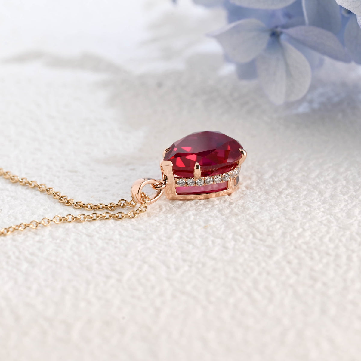 CausYou pendant Solid Gold Hidden Halo Pear Red Lab Ruby Pendant, Birthstone Personalized Gift
