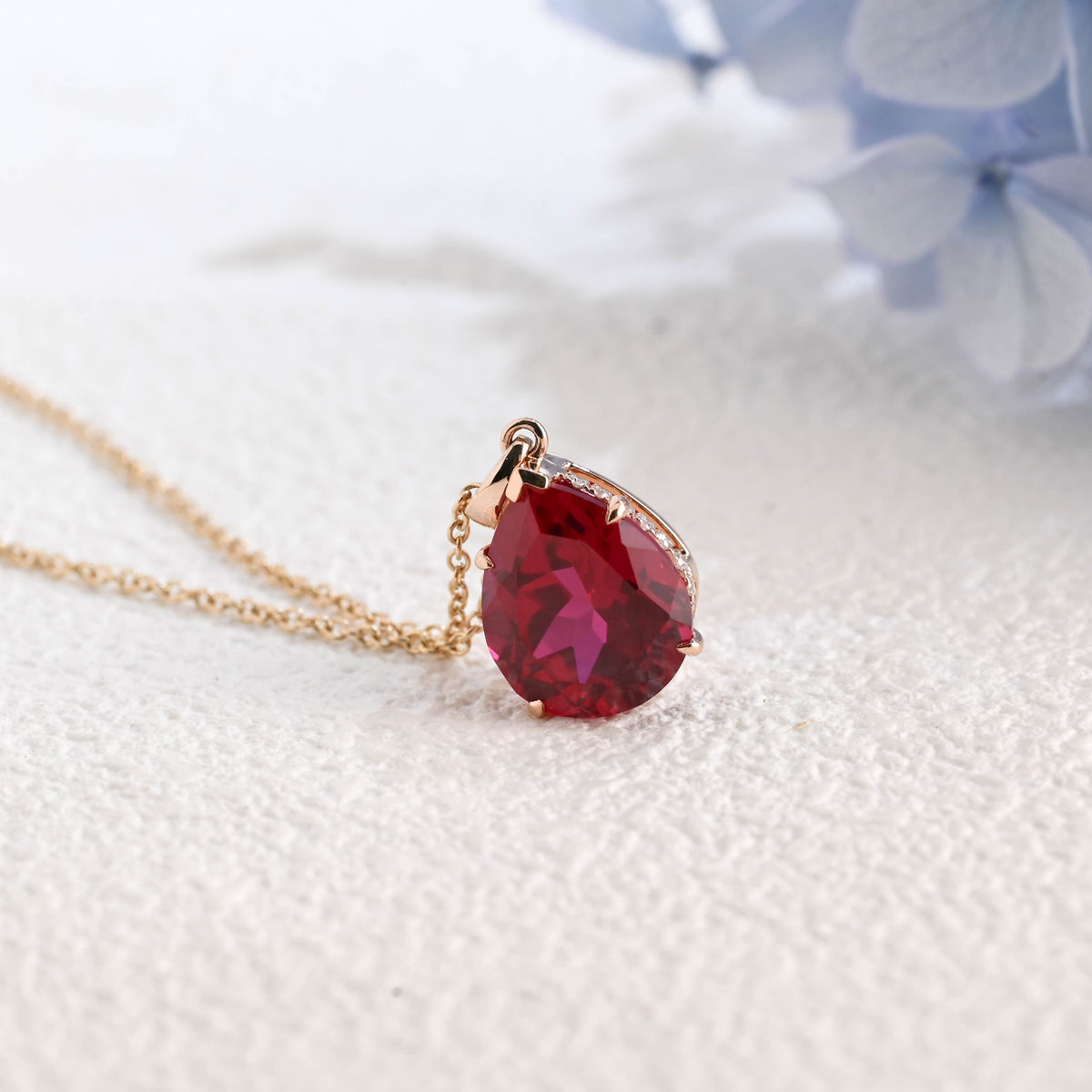 CausYou pendant Solid Gold Hidden Halo Pear Red Lab Ruby Pendant, Birthstone Personalized Gift
