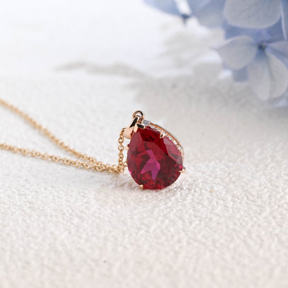 CausYou pendant Solid Gold Hidden Halo Pear Red Lab Ruby Pendant, Birthstone Personalized Gift