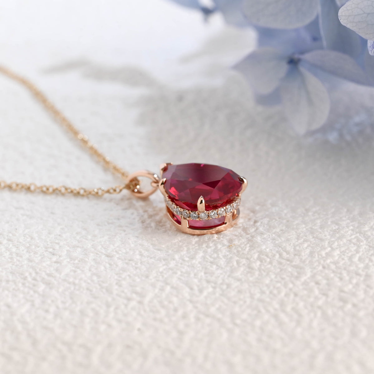 CausYou pendant Solid Gold Hidden Halo Pear Red Lab Ruby Pendant, Birthstone Personalized Gift