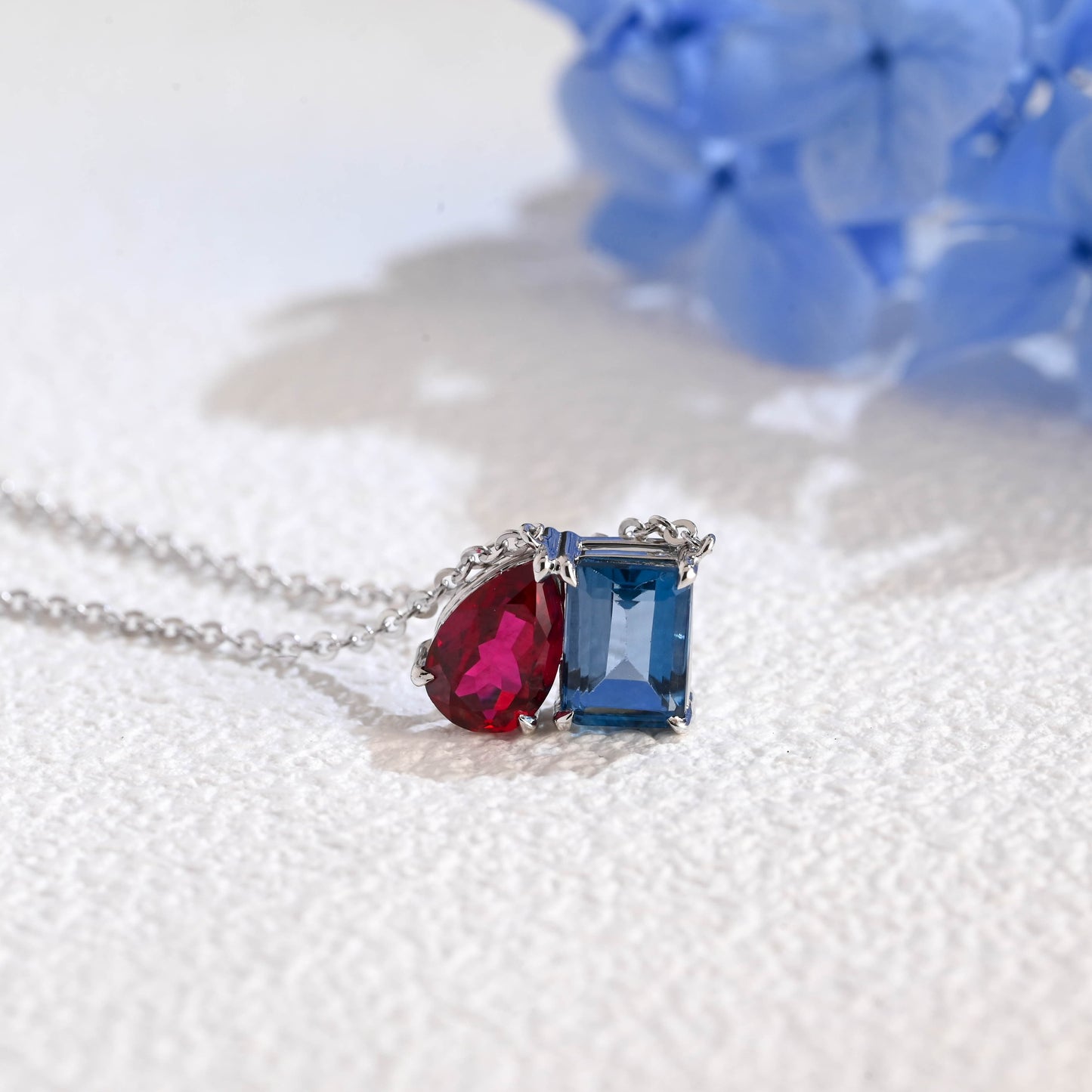 CausYou pendant Solid Gold July Nov. Birthstone Jewelry Pear Ruby & Emerald Topaz Pendant, Toi et Moi Personalized Gift