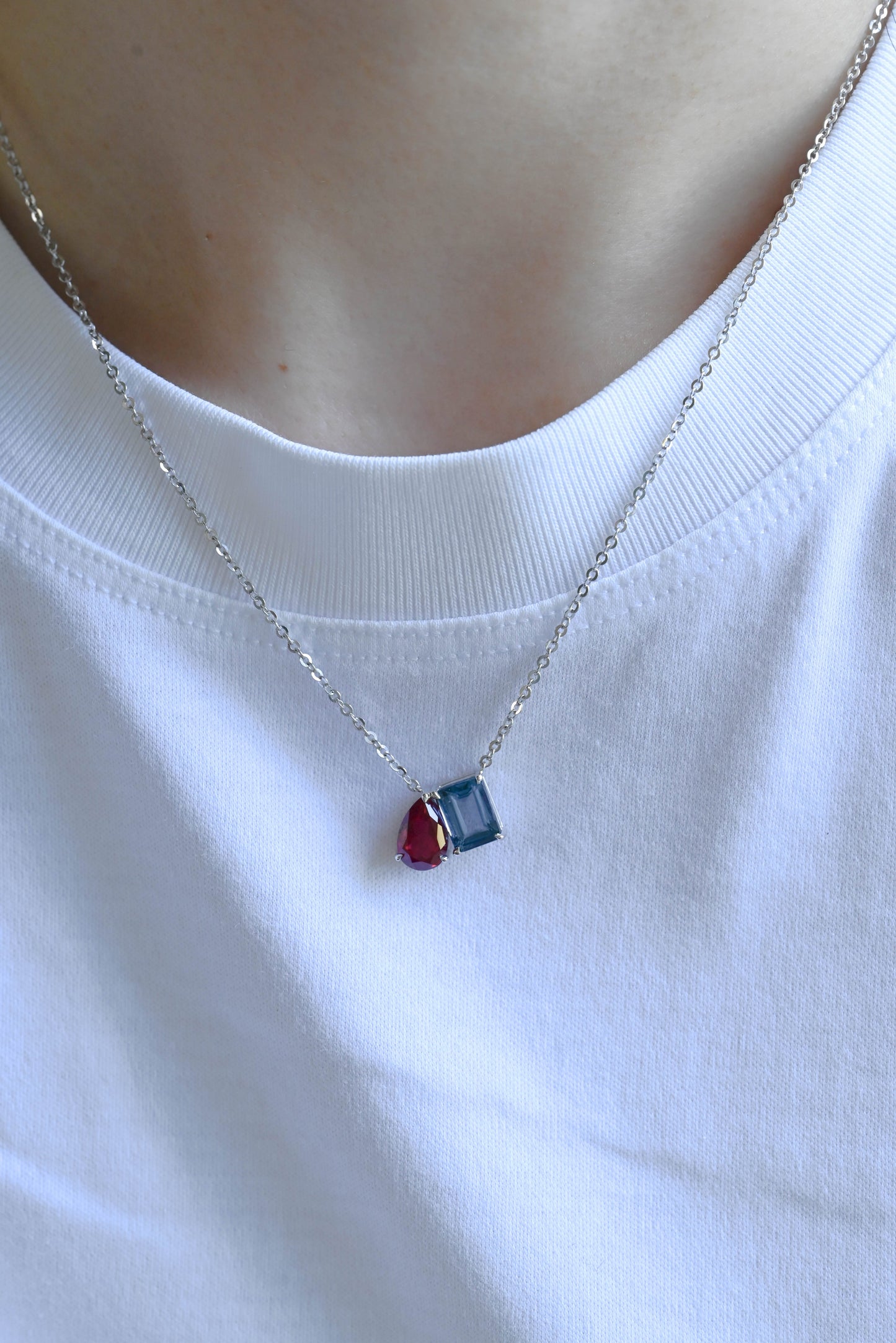CausYou pendant Solid Gold July Nov. Birthstone Jewelry Pear Ruby & Emerald Topaz Pendant, Toi et Moi Personalized Gift