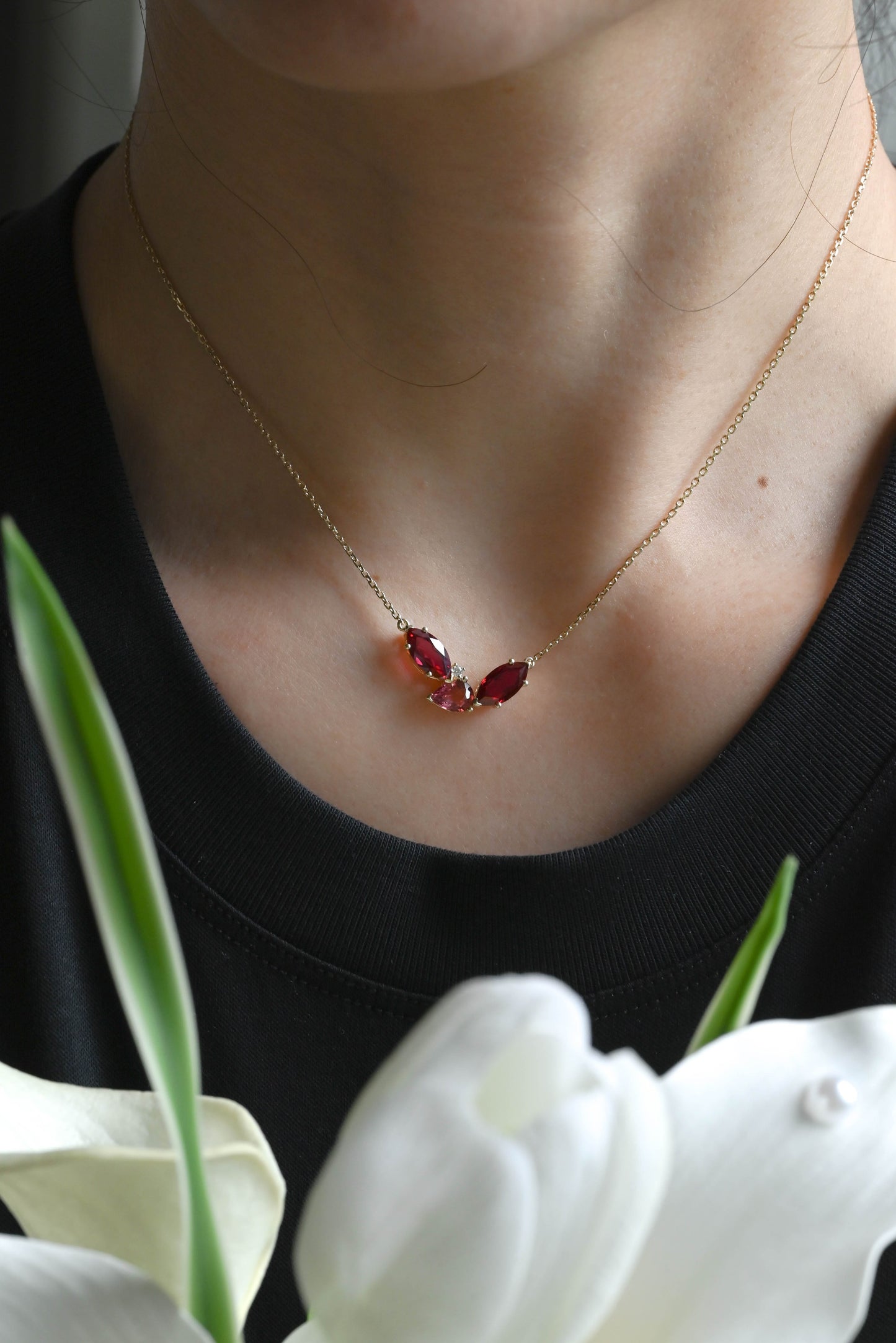 CausYou pendant Solid Gold July Oct. Birthstone Jewelry Pear Ruby & Tourmaline Pendant, Family Personalized Gift