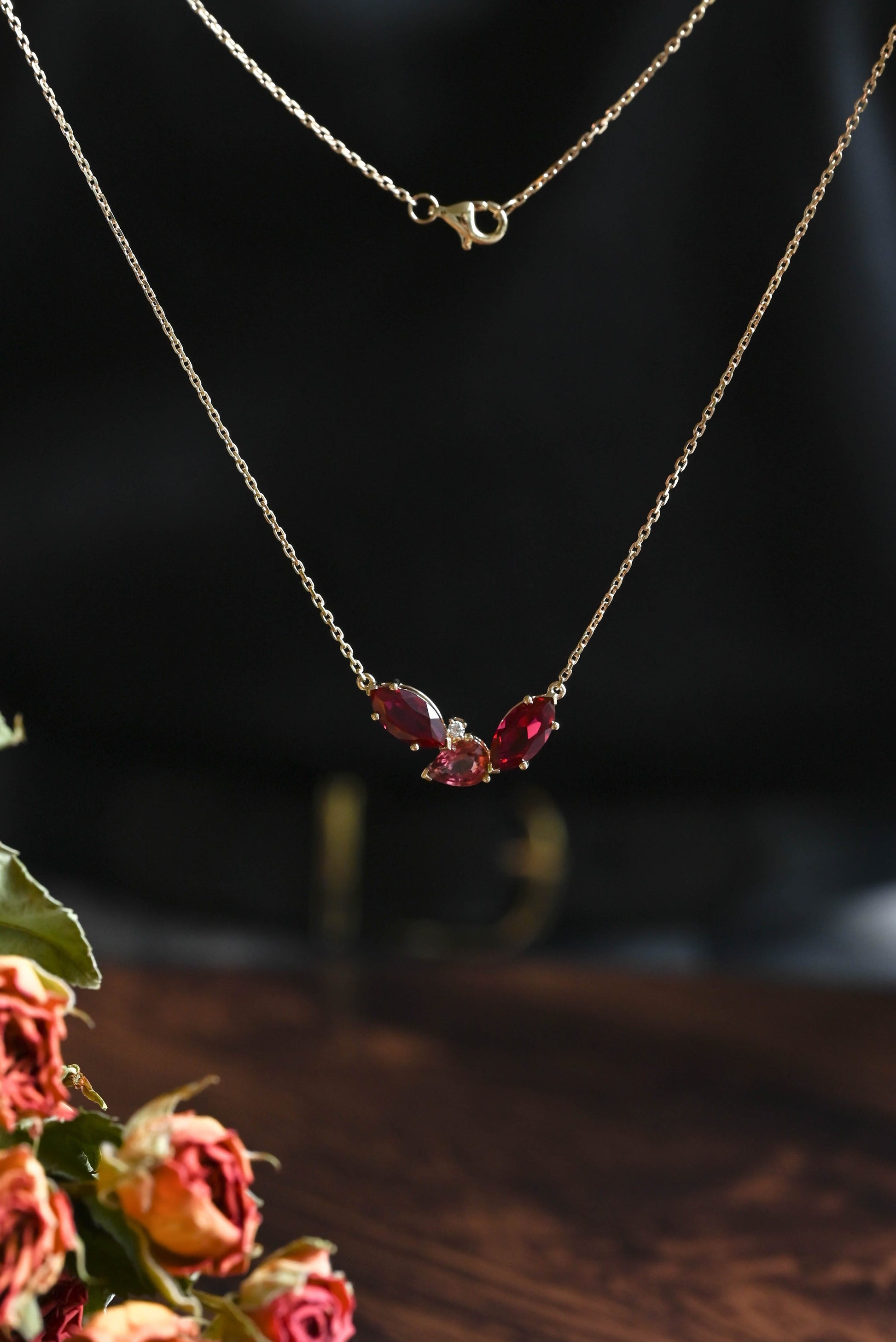 CausYou pendant Solid Gold July Oct. Birthstone Jewelry Pear Ruby & Tourmaline Pendant, Family Personalized Gift