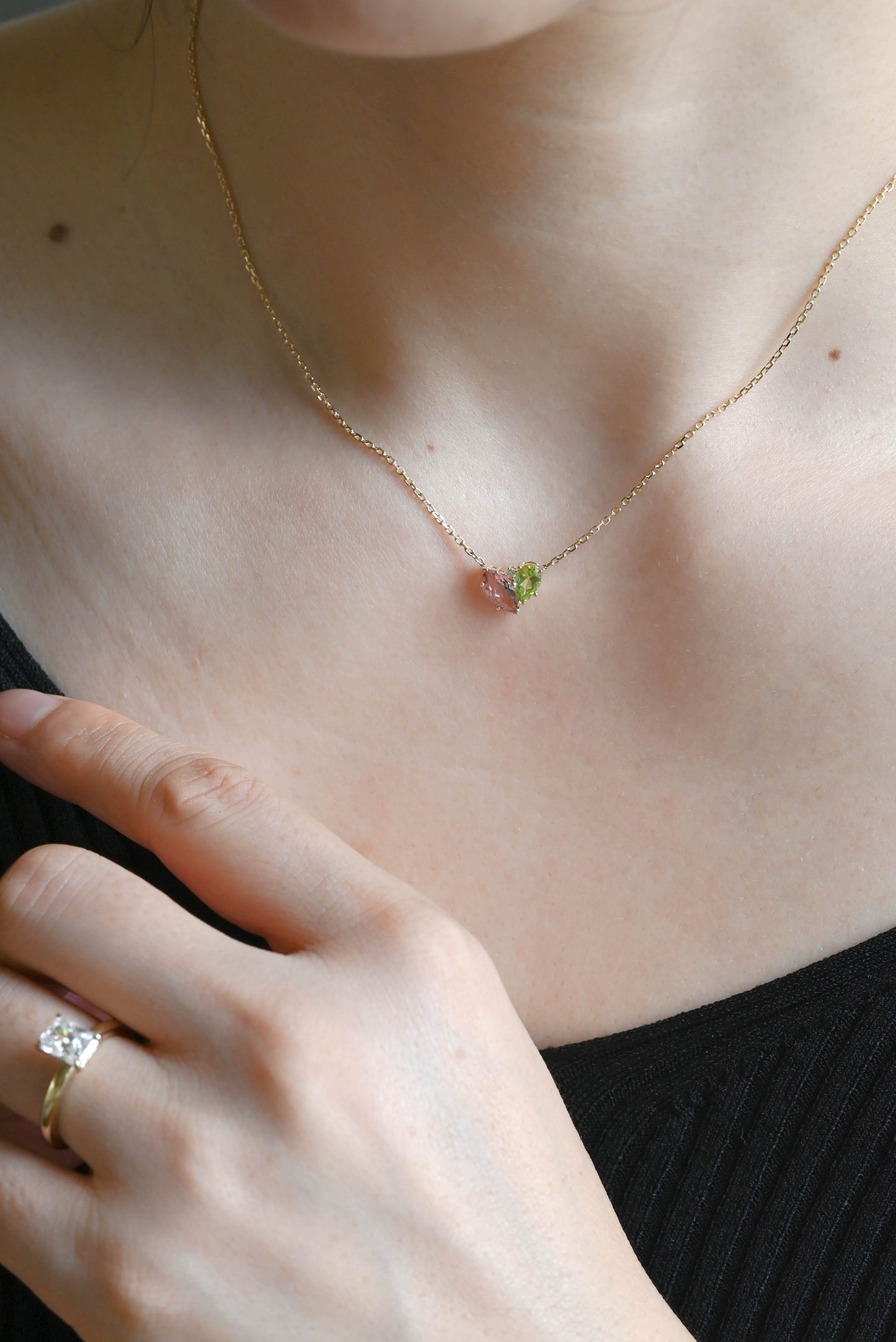 CausYou pendant Solid Gold Solid Gold Marquise Pink Tourmaline & Pear Peridot Pendant, Birthstone Toi et Moi Personalized Gift