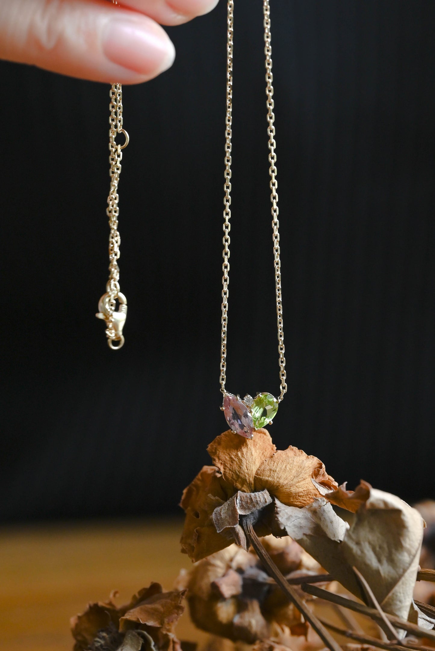CausYou pendant Solid Gold Solid Gold Marquise Pink Tourmaline & Pear Peridot Pendant, Birthstone Toi et Moi Personalized Gift