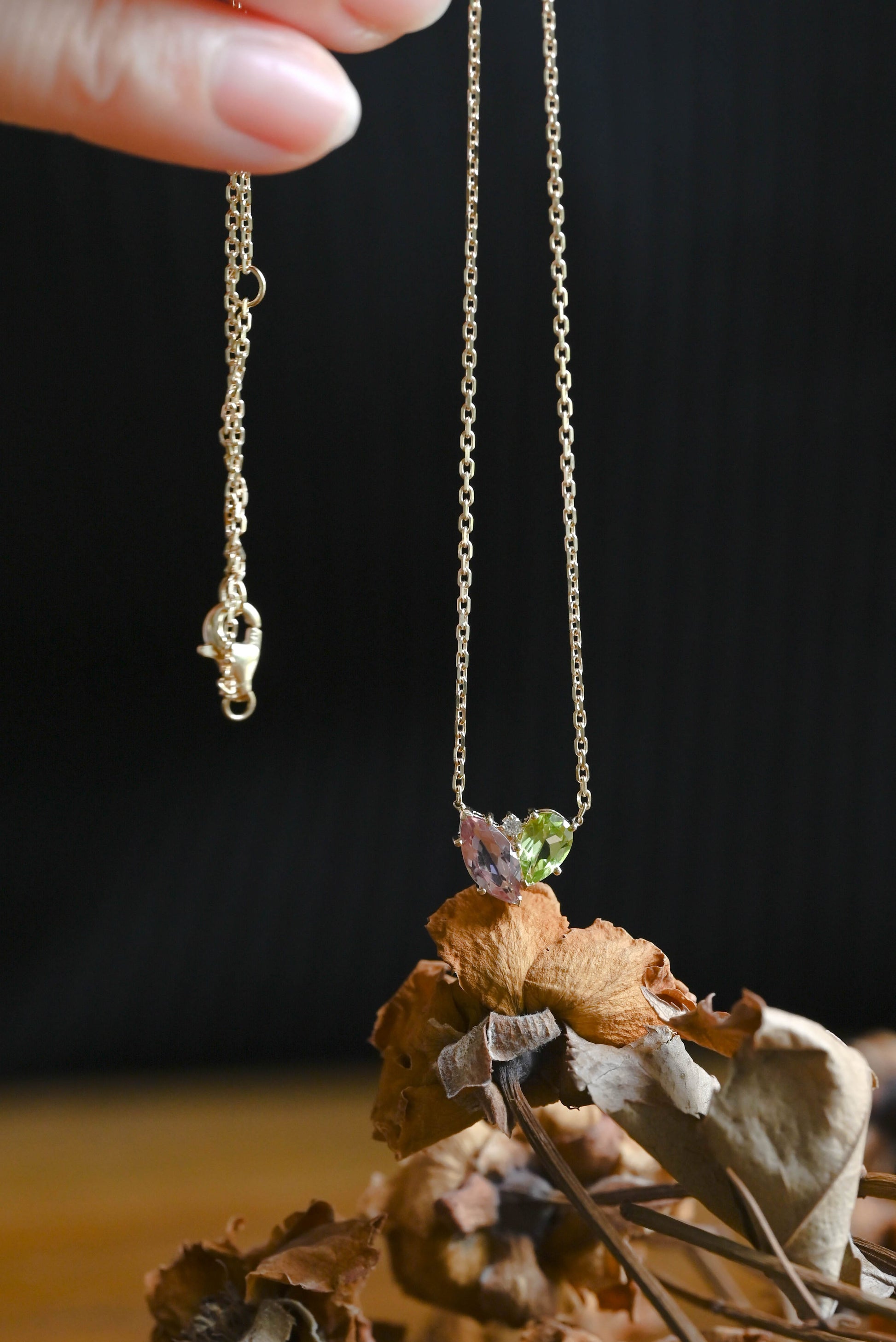 CausYou pendant Solid Gold Solid Gold Marquise Pink Tourmaline & Pear Peridot Pendant, Birthstone Toi et Moi Personalized Gift