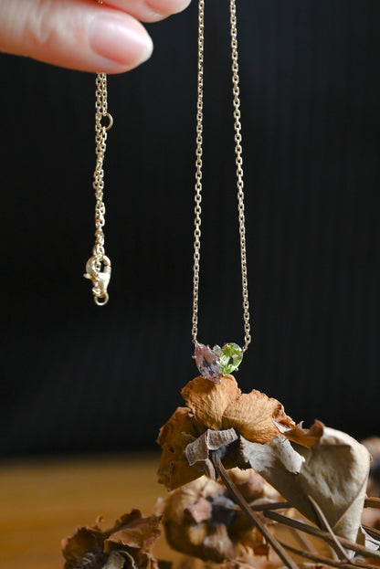 CausYou pendant Solid Gold Solid Gold Marquise Pink Tourmaline & Pear Peridot Pendant, Birthstone Toi et Moi Personalized Gift