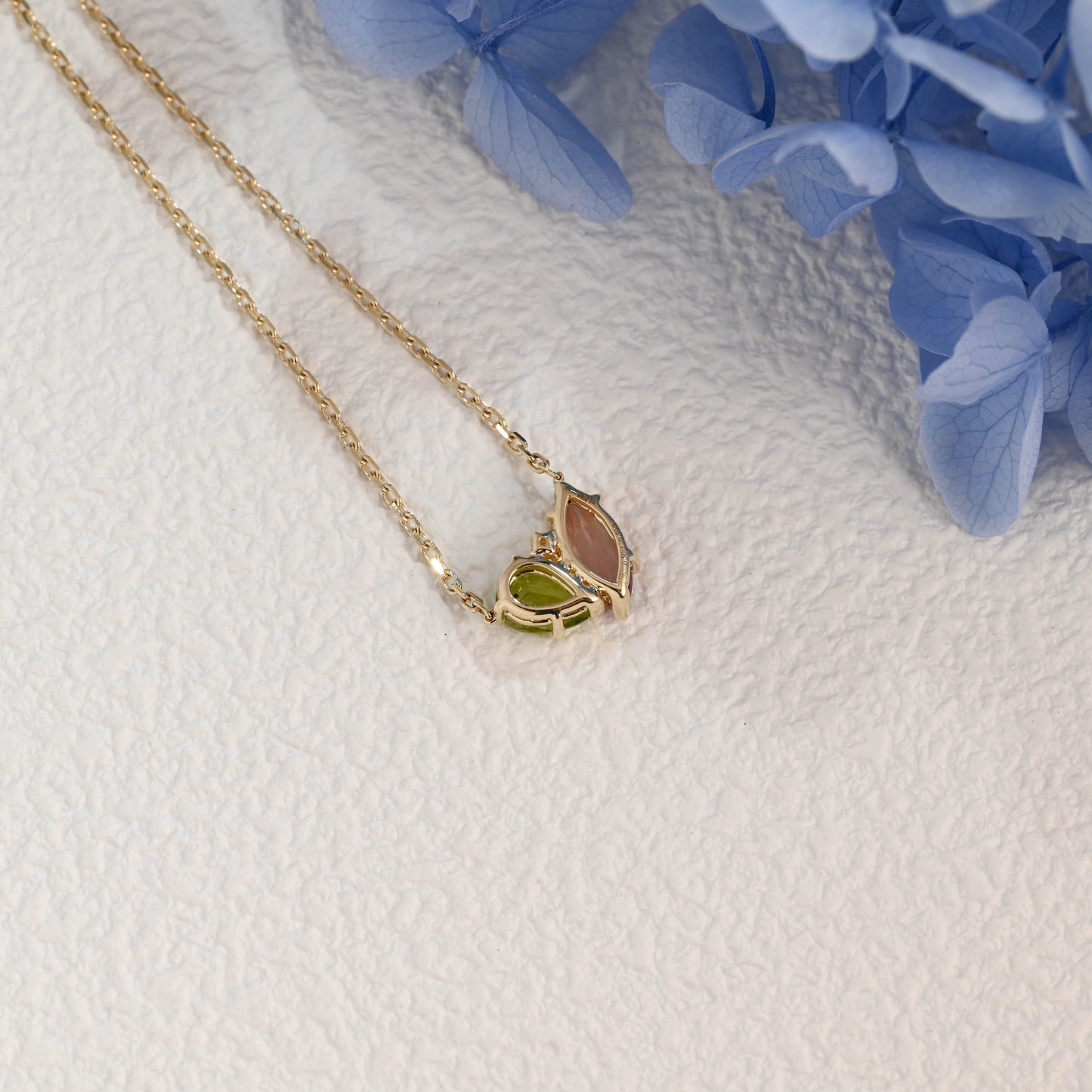 CausYou pendant Solid Gold Solid Gold Marquise Pink Tourmaline & Pear Peridot Pendant, Birthstone Toi et Moi Personalized Gift