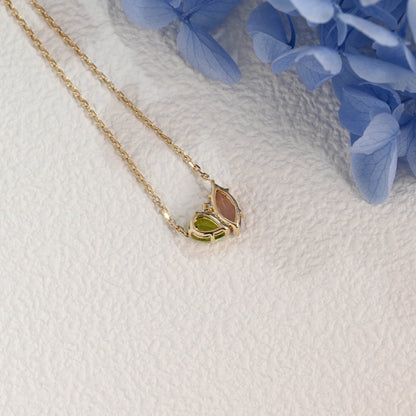 CausYou pendant Solid Gold Solid Gold Marquise Pink Tourmaline & Pear Peridot Pendant, Birthstone Toi et Moi Personalized Gift