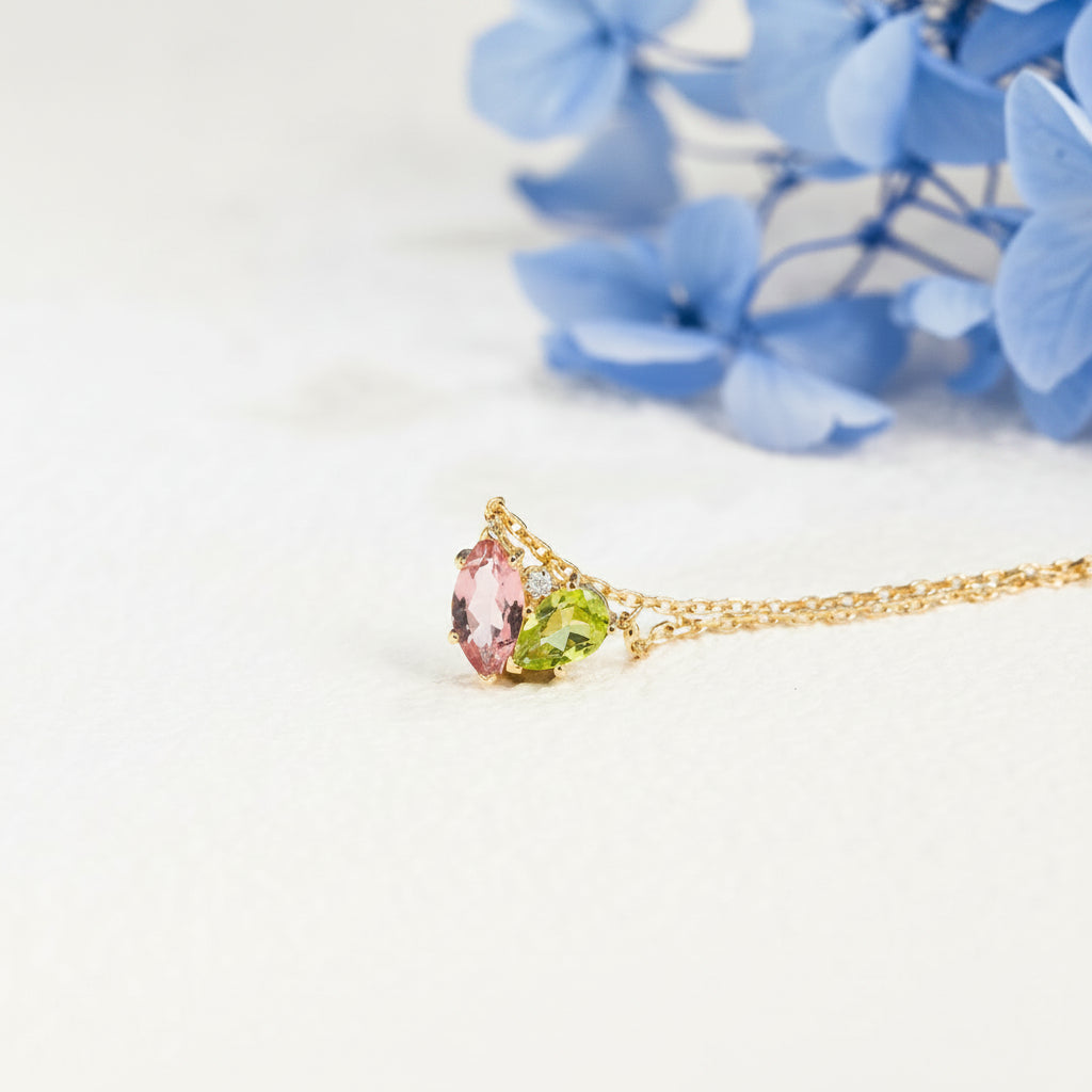 CausYou pendant Solid Gold Solid Gold Marquise Pink Tourmaline & Pear Peridot Pendant, Birthstone Toi et Moi Personalized Gift