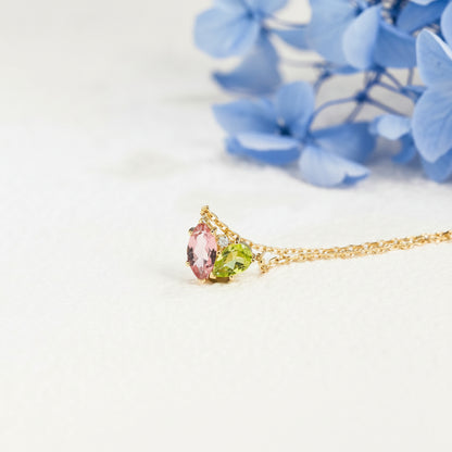 CausYou pendant Solid Gold Solid Gold Marquise Pink Tourmaline & Pear Peridot Pendant, Birthstone Toi et Moi Personalized Gift