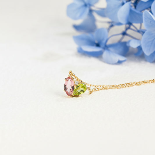 CausYou pendant Solid Gold Solid Gold Marquise Pink Tourmaline & Pear Peridot Pendant, Birthstone Toi et Moi Personalized Gift