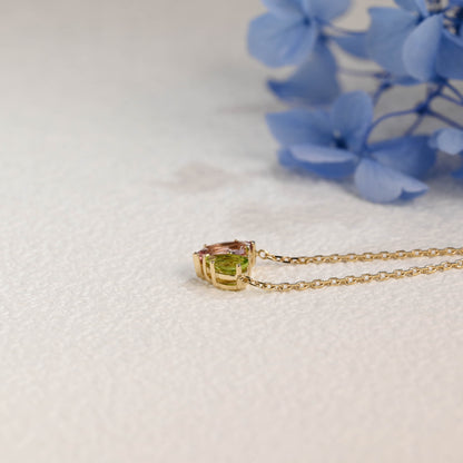 CausYou pendant Solid Gold Solid Gold Marquise Pink Tourmaline & Pear Peridot Pendant, Birthstone Toi et Moi Personalized Gift