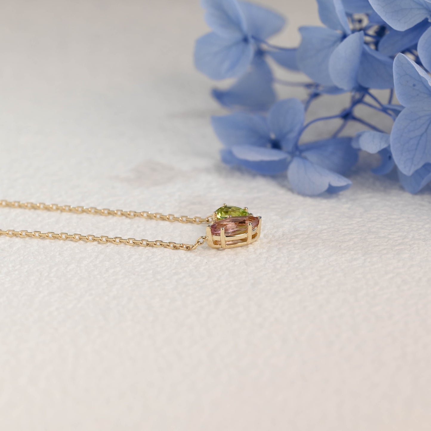 CausYou pendant Solid Gold Solid Gold Marquise Pink Tourmaline & Pear Peridot Pendant, Birthstone Toi et Moi Personalized Gift