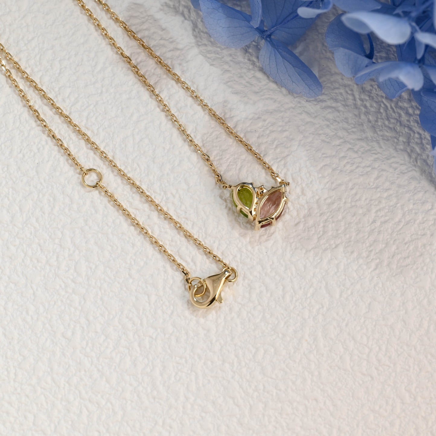 CausYou pendant Solid Gold Solid Gold Marquise Pink Tourmaline & Pear Peridot Pendant, Birthstone Toi et Moi Personalized Gift