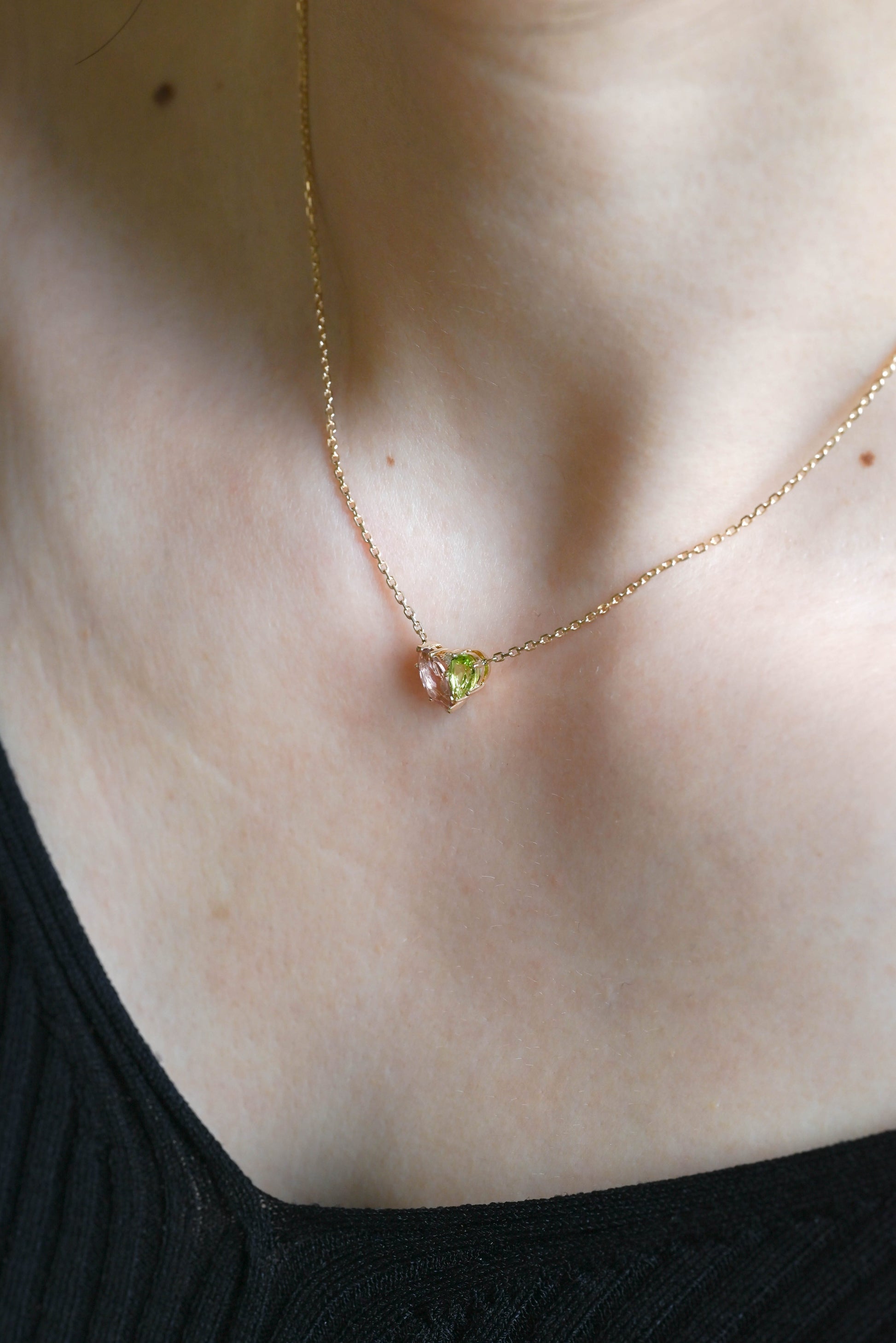 CausYou pendant Solid Gold Solid Gold Marquise Pink Tourmaline & Pear Peridot Pendant, Birthstone Toi et Moi Personalized Gift