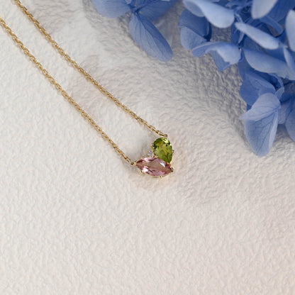 CausYou pendant Solid Gold Solid Gold Marquise Pink Tourmaline & Pear Peridot Pendant, Birthstone Toi et Moi Personalized Gift
