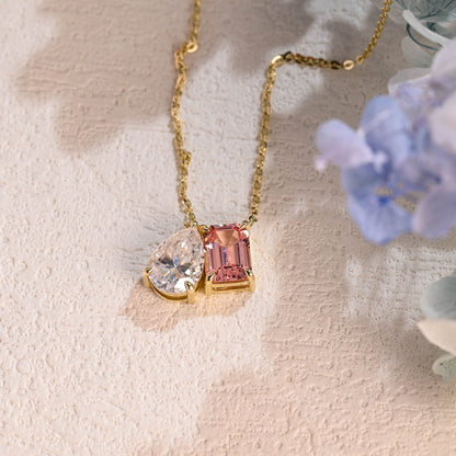 CausYou pendant Solid Gold Toi et Moi Pink Emerald Cut & Pear Cut Moissanite Necklace