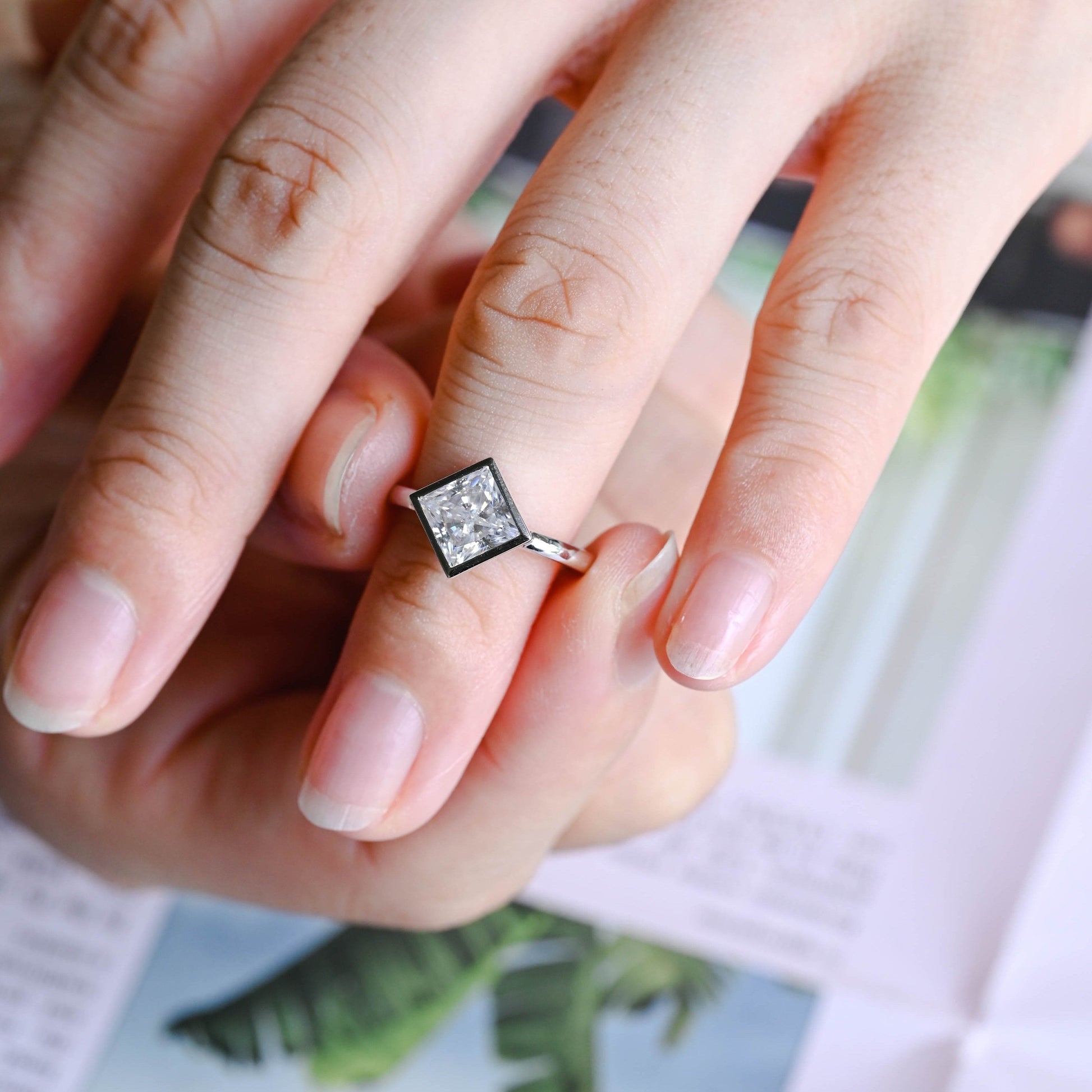 Solid Gold Solitaire Bezel Crushed Ice Princess Cut Moissanite