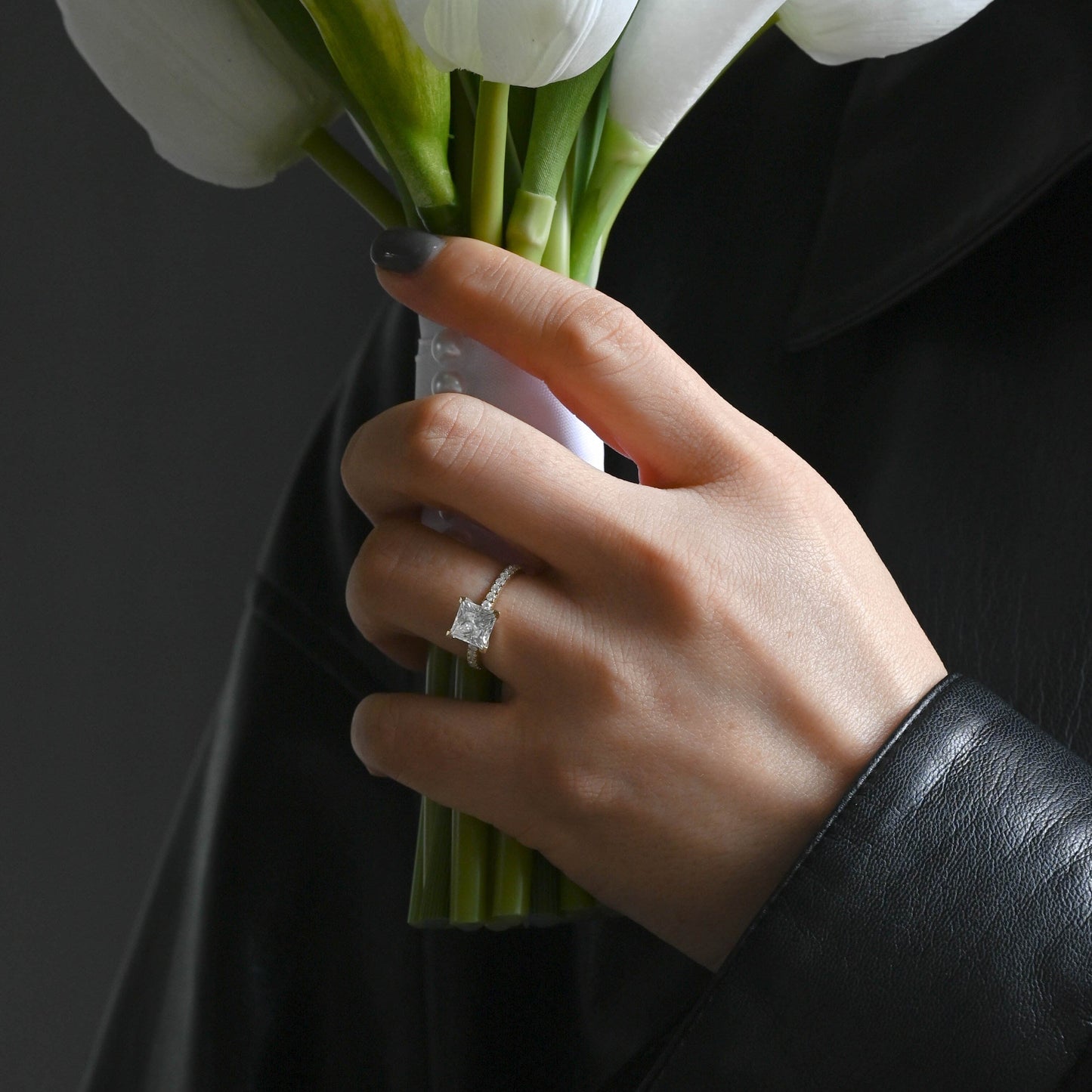 CausYou princess cut moissanite engagement ring Solid Gold Paved Princess Cut Moissanite Engagement Ring