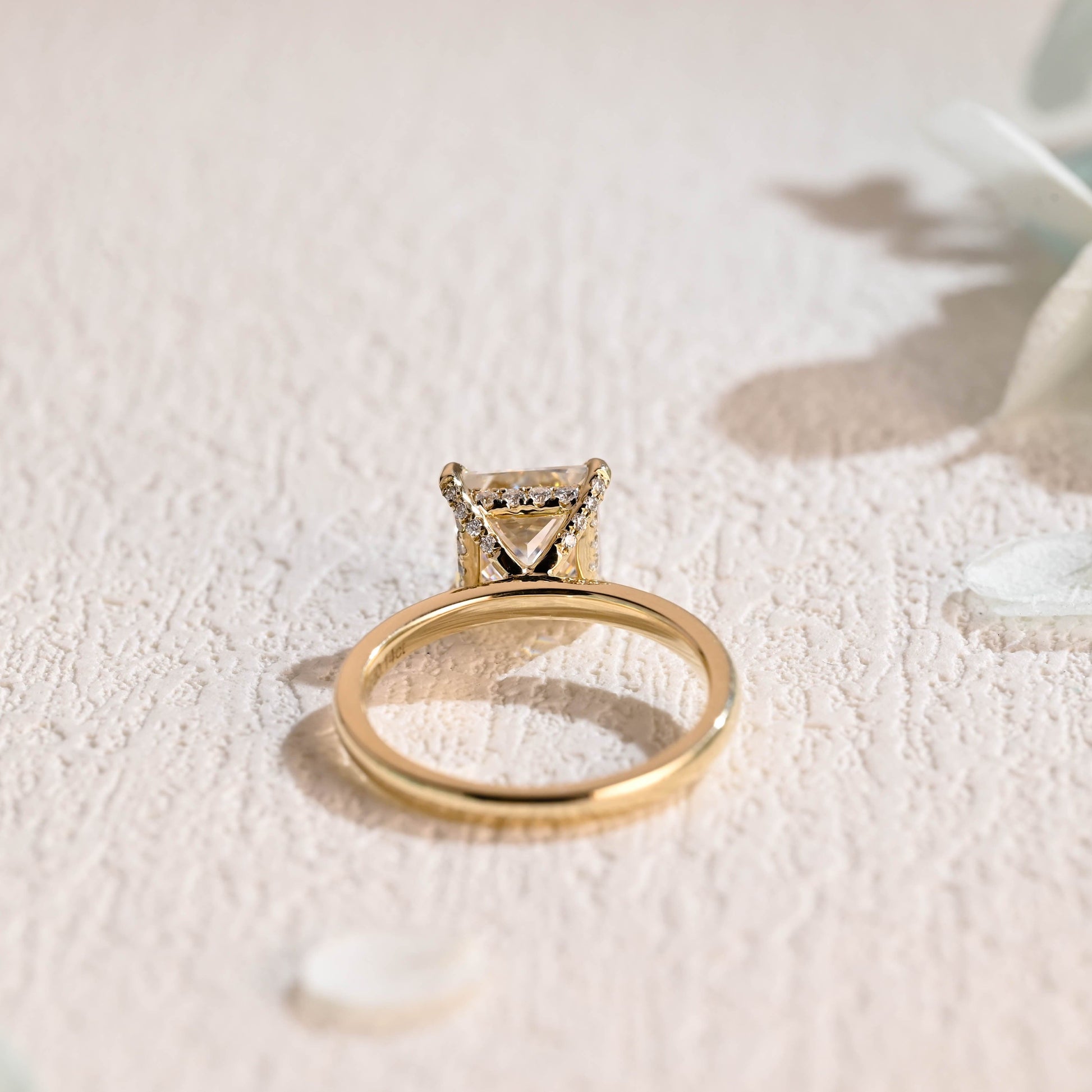 Solid Gold Hidden Halo Princess Cut Moissanite Engagement Ring