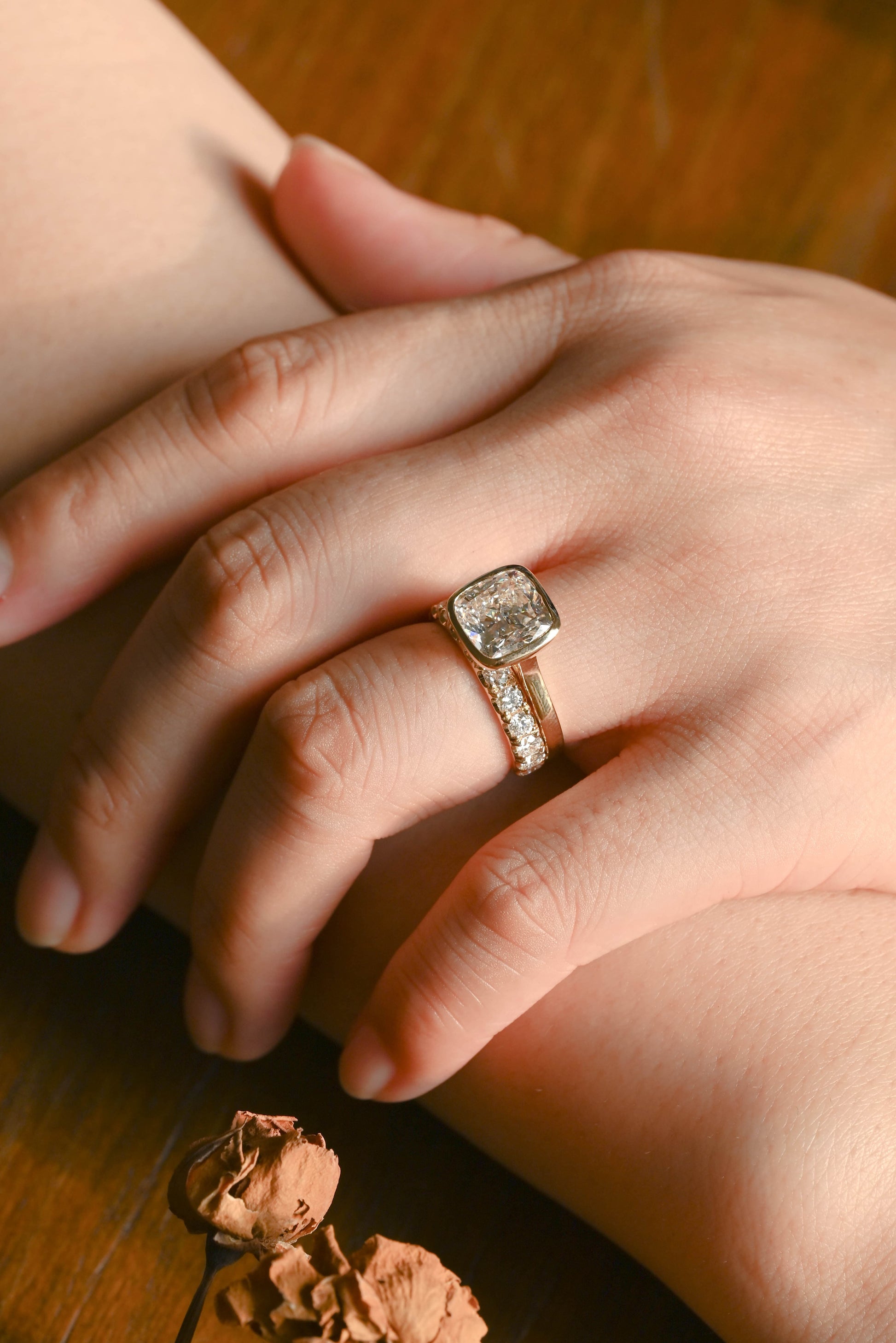 CausYou radiant cut bridal set Solid Gold Cushion Cut Lab Diamond Engagement Ring and Wedding Ring Bridal Set