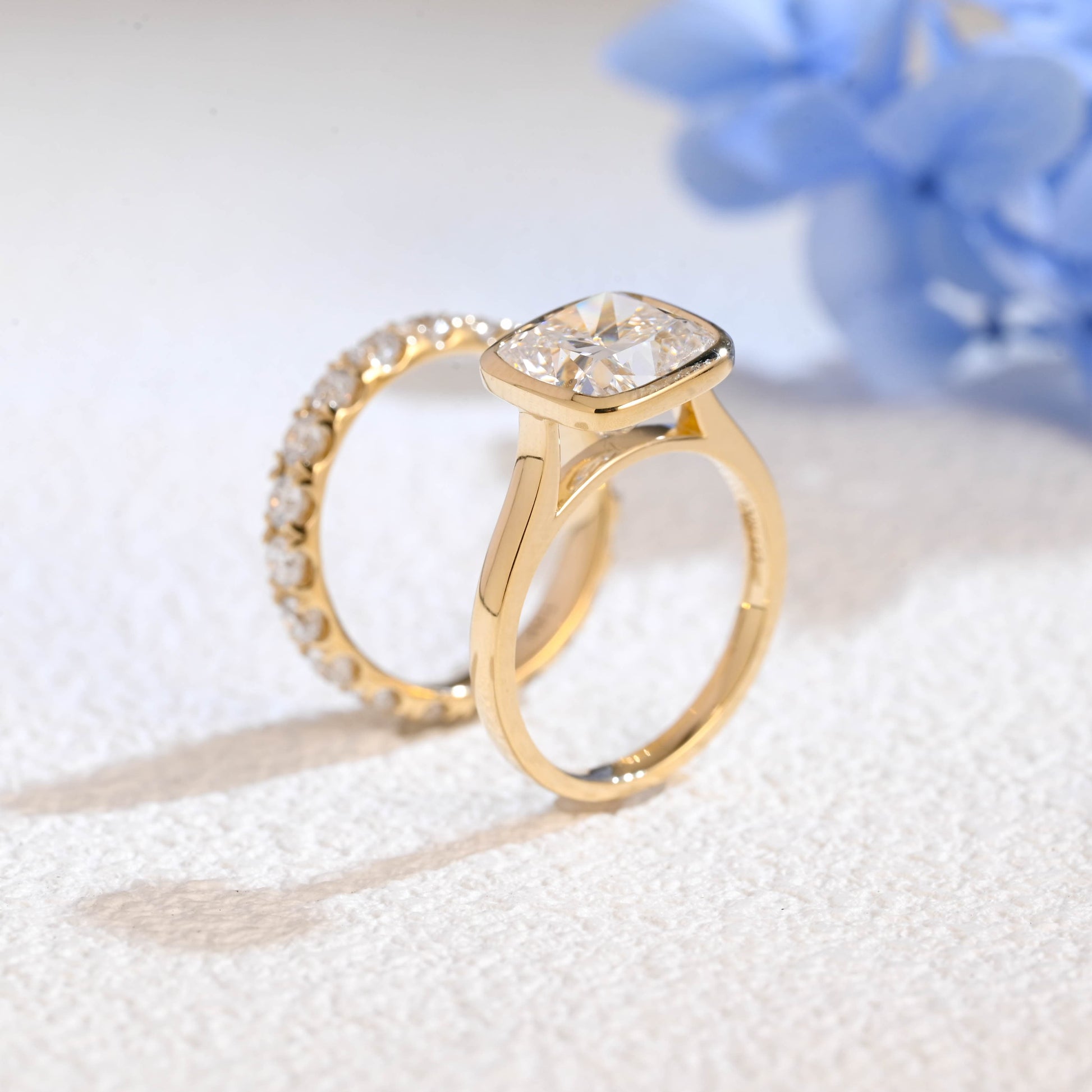 CausYou radiant cut bridal set Solid Gold Cushion Cut Lab Diamond Engagement Ring and Wedding Ring Bridal Set